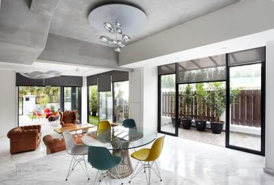 Eng Kong Terrace, Free Space Intent, Eclectic, Dining Room, Landed, Chandelier, Hanging Light, Glass Table Top, Colourful Chairs, White Marble Floor, Full Length Window, Chair, Furniture, Terrace, Indoors, Interior Design, Room
