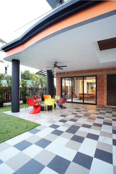 Eng Kong Terrace, Free Space Intent, Eclectic, Garden, Landed, Checkered Tiles, Outdoor, Playground, Building, House, Housing, Villa, Glass, Chair, Furniture