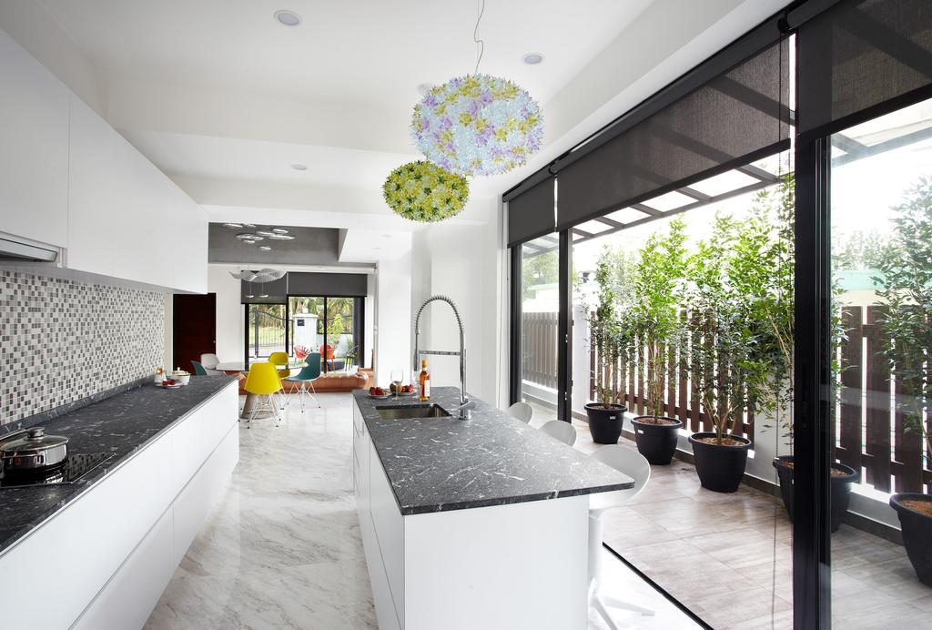Eclectic, Landed, Kitchen, Eng Kong Terrace, Interior Designer, Free Space Intent, White Marble Floor, Granite Counter, Hanging Light, Mosaic Tiles, Full Length Window, Sink, Indoors, Interior Design, Flora, Jar, Plant, Potted Plant, Pottery, Vase