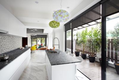 Eng Kong Terrace, Free Space Intent, Eclectic, Kitchen, Landed, White Marble Floor, Granite Counter, Hanging Light, Mosaic Tiles, Full Length Window, Sink, Indoors, Interior Design, Flora, Jar, Plant, Potted Plant, Pottery, Vase
