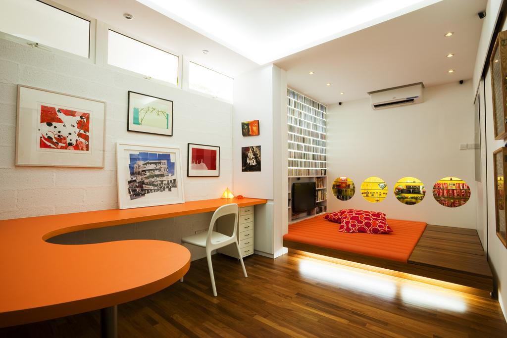 Retro, Landed, Study, Lichi Avenue, Interior Designer, Free Space Intent, Wall Art, Painting, Study Table, Cove Lighting, Display Shelf, Concealed Lighting, Orange Table, White Board