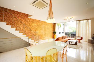 Lichi Avenue, Free Space Intent, Retro, Dining Room, Landed, Wallpaper, Transparent Chairs, Hanging Light, White Marble Floor, Indoors, Interior Design, Room