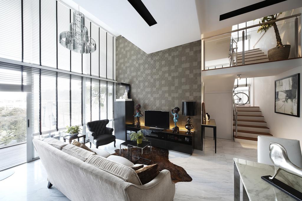 Eclectic, Condo, Living Room, East Coast, Interior Designer, Free Space Intent, Full Length Windows, Wallpaper, Chandelier, Hanging Light, Console, Standing Lamp, Banister, Handrail, Staircase, HDB, Building, Housing, Indoors, Loft