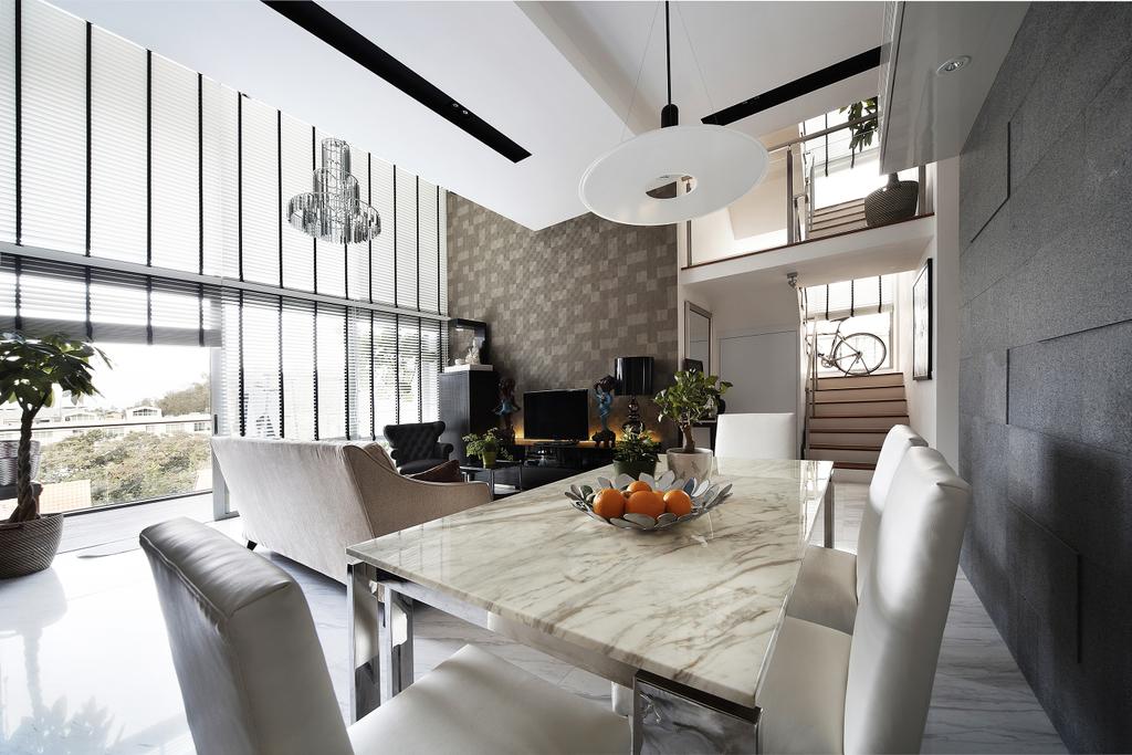Eclectic, Condo, Dining Room, East Coast, Interior Designer, Free Space Intent, Marble Floor, Marble Tabl, Brick Wall, Venetian Blinds, Wallpaper, Chandelier, Hanging Light, HDB, Building, Housing, Indoors, Loft, Interior Design, Room, Chair, Furniture, Banister, Handrail, Dining Table, Table