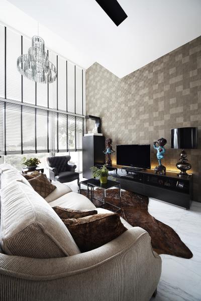 East Coast, Free Space Intent, Eclectic, Living Room, Condo, Wallpaper, Chandelier, Rug, Venetian Blinds, Tv Console, Leather Chair, Sofa, Human, People, Person, Chair, Furniture, Lamp, Table Lamp