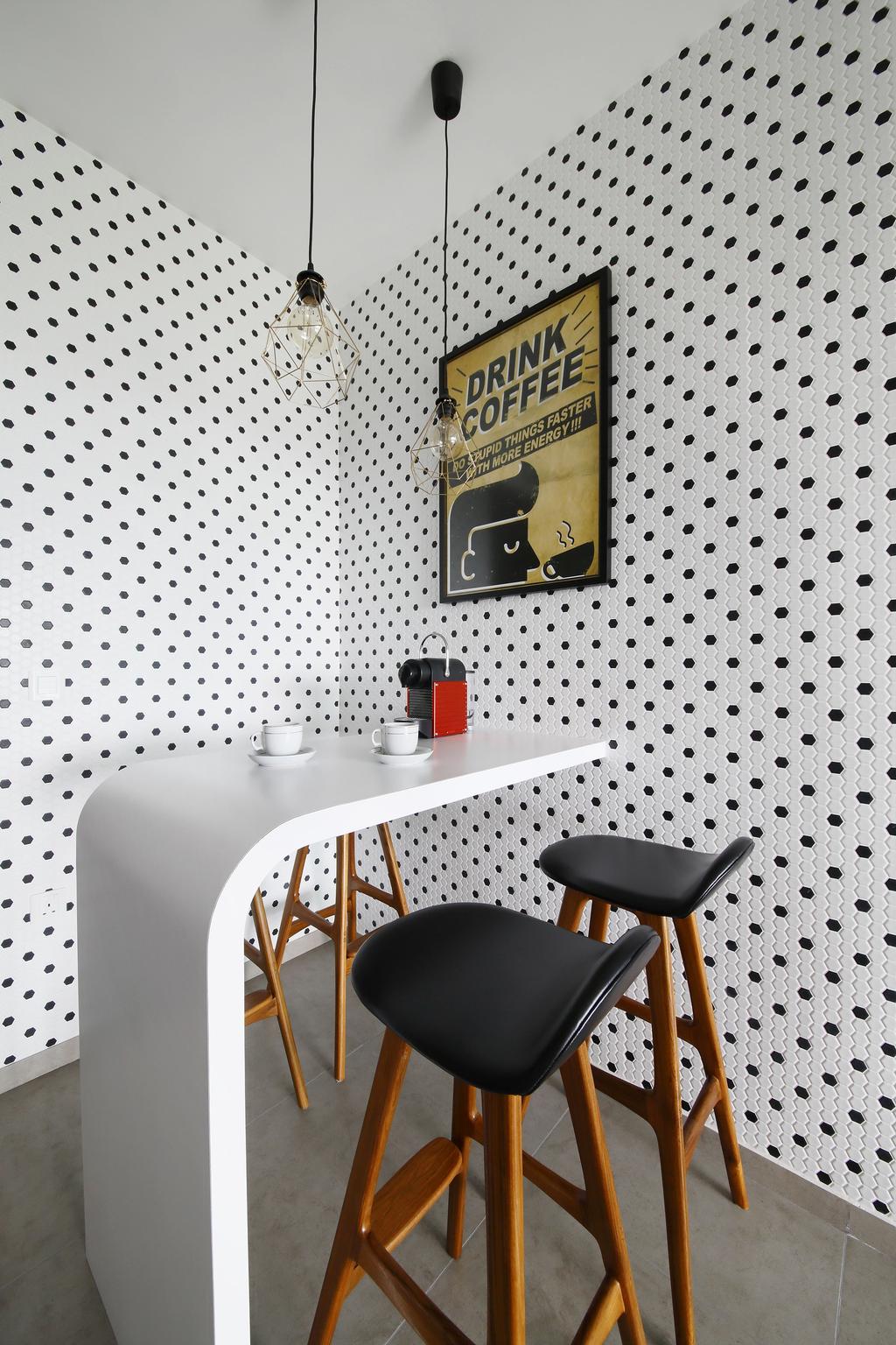 Industrial, Condo, Dining Room, Minton, Interior Designer, Free Space Intent, Dotted Wall, High Chair, White Laminate, Wall Art, Exposed Lightbulb, Hanging Light, Poster, Chair, Furniture