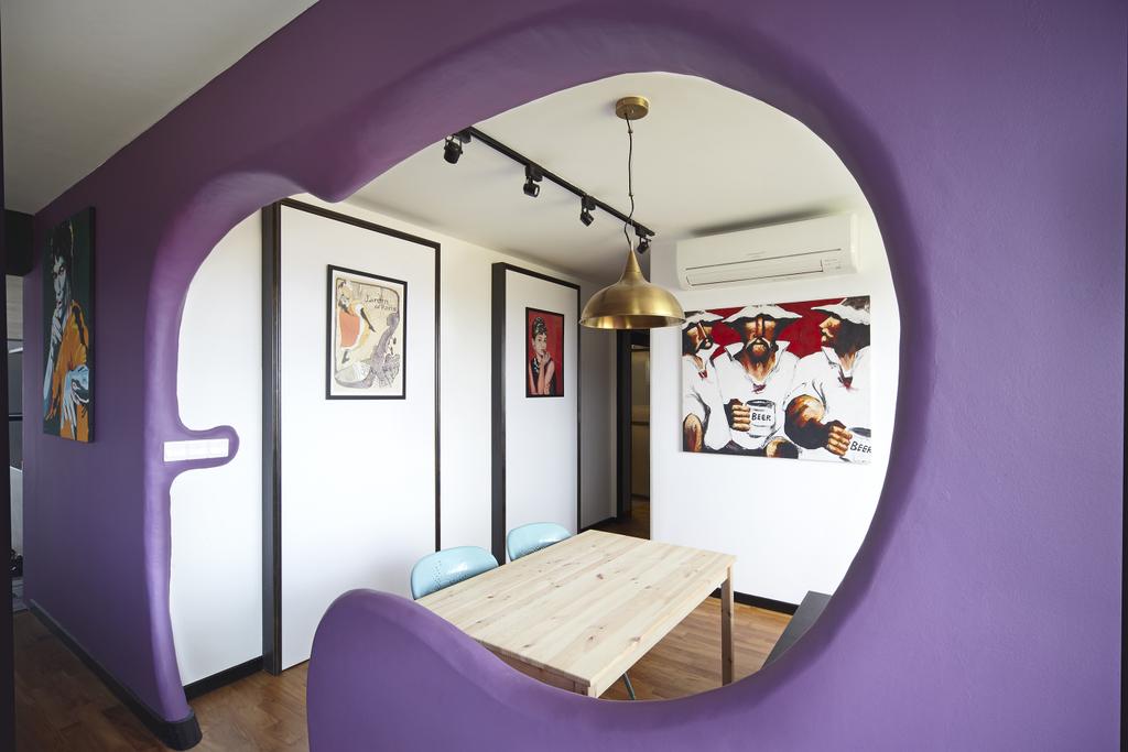 Eclectic, HDB, Dining Room, Montreal Link, Interior Designer, Free Space Intent, Purple Wall, Accent Wall, Hanging Light, Wall Art, Painting, Wooden, Chair, Furniture