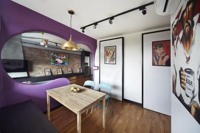 Montreal Link, Free Space Intent, Eclectic, Dining Room, HDB, Hanging Light, Accent Wall, Purple Wall, Parquet Flooring, Wooden Flooring, Wall Art, Painting, Autograph, Handwriting, Signature, Text, Indoors, Room, Interior Design, Dining Table, Furniture, Table