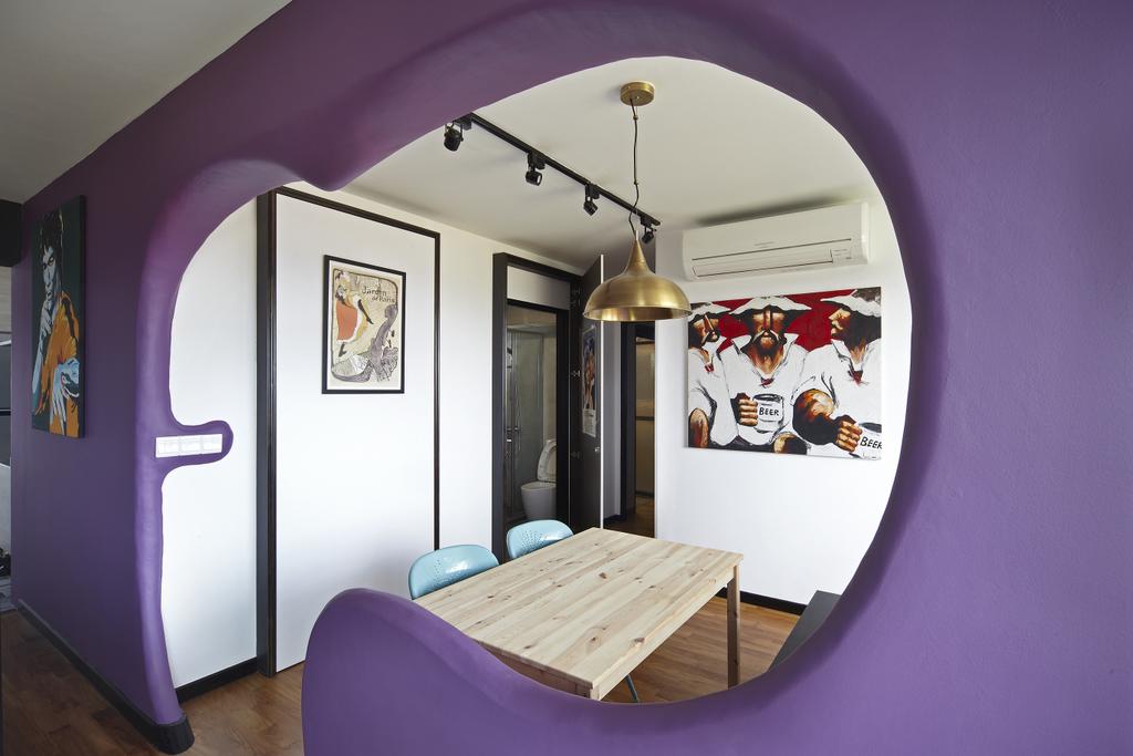 Eclectic, HDB, Dining Room, Montreal Link, Interior Designer, Free Space Intent, Wall Art, Painting, Purple Wall, Accent Wall, Wooden, Chair, Furniture