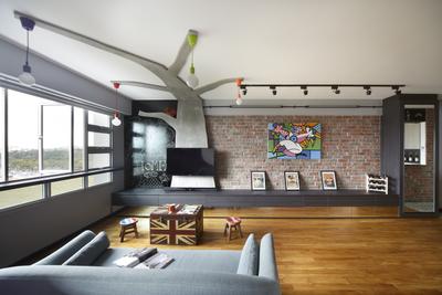 Montreal Link, Free Space Intent, Eclectic, Living Room, HDB, Parquet Flooring, Wooden Flooring, Red Brick Wall, Wall Art, Painting, Hanging Light, Exposed Lightbulb, Building, Housing, Indoors, Loft, Dining Room, Interior Design, Room