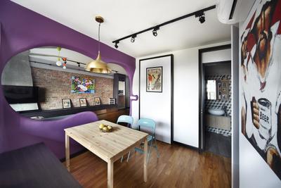 Montreal Link, Free Space Intent, Eclectic, Dining Room, HDB, Hanging Light, Accent Wall, Purple Wall, Parquet Flooring, Wooden Flooring, Wall Art, Painting, Indoors, Interior Design, Room, Collage, Poster