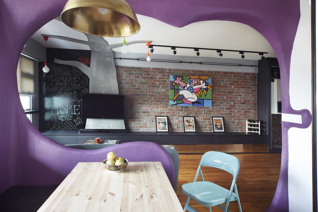 Eclectic, HDB, Dining Room, Montreal Link, Interior Designer, Free Space Intent, Red Brick Wall, Accent Wall, Purple Wall, Wooden Table, Hanging Light, Chair, Furniture, Indoors, Interior Design, Room, Blackboard