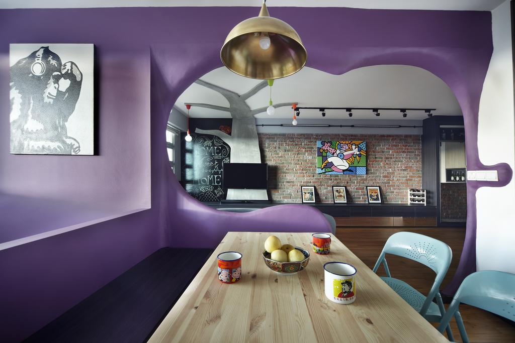 Eclectic, HDB, Dining Room, Montreal Link, Interior Designer, Free Space Intent, Hanging Light, Wooden Table, Accent Wall, Purple Wall, Wall Art, Painting, Chair, Furniture, Dining Table, Table, Indoors, Interior Design, Room, Collage, Poster
