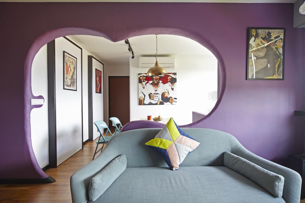 Eclectic, HDB, Living Room, Montreal Link, Interior Designer, Free Space Intent, Purple Wall, Accent Wall, Wall Art, Painting, Drop Light, Parquet Flooring, Wooden Flooring, Indoors, Interior Design, Ornament, Bedroom, Room