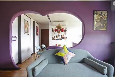 Montreal Link, Free Space Intent, Eclectic, Living Room, HDB, Purple Wall, Accent Wall, Wall Art, Painting, Drop Light, Parquet Flooring, Wooden Flooring, Indoors, Interior Design, Ornament, Bedroom, Room