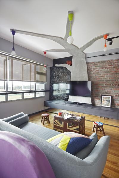 Montreal Link, Free Space Intent, Eclectic, Living Room, HDB, Hanging Light, Exposed Lightbulb, Parquet Flooring, Wooden Flooring, Red Brick Wall, Tv Console, Laminates, Building, Housing, Indoors, Loft