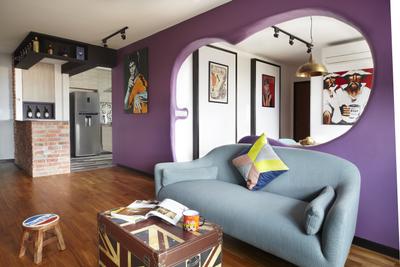 Montreal Link, Free Space Intent, Eclectic, Living Room, HDB, Accent Wall, Wall Art, Painting, Red Brick Wall, Parquet Flooring, Wooden Floor, Couch, Furniture, Bar Stool, Indoors, Room, Building, Housing, Loft