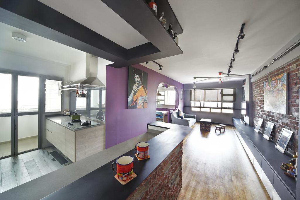 Eclectic, HDB, Kitchen, Montreal Link, Interior Designer, Free Space Intent, Red Brick Wall, Parquet Flooring, Wooden Flooring, Purple Wall, Black Track Light, Black Trackie, Track Lighting, Building, Housing, Indoors, Loft, Room
