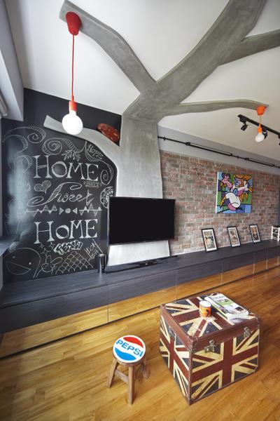 Montreal Link, Free Space Intent, Eclectic, Living Room, HDB, Red Brick Wall, Parquet Flooring, Wooden Floor, Chalkboard Wall, Tv Console, Hanging Light, Exposed Lightbulb, Blackboard, Brick
