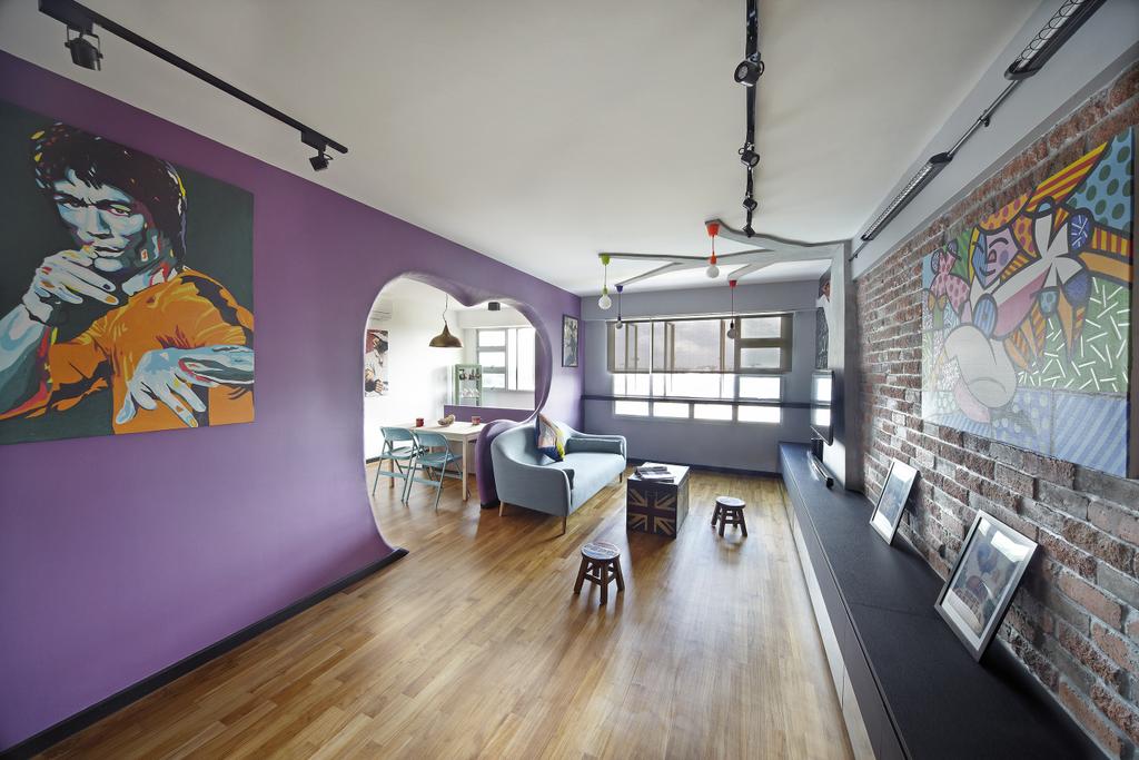 Eclectic, HDB, Living Room, Montreal Link, Interior Designer, Free Space Intent, Red Brick Wall, Purple Wall, Trackie, Black Track Light, Black Track Lighting, Tv Console, Parquet Flooring, Wooden Floor, Human, People, Person, Art, Art Gallery
