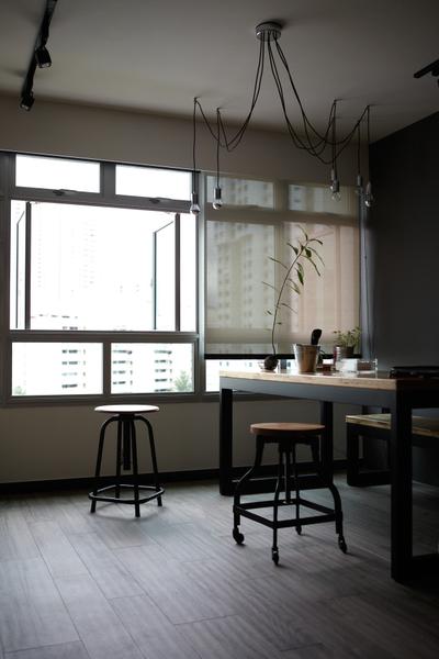 Ghim Moh Link, Free Space Intent, Scandinavian, Dining Room, HDB, Exposed Lightbulb, Hanging Light, Stool, Parquet Flooring, Wooden Flooring, Flora, Jar, Plant, Potted Plant, Pottery, Vase, Bar Stool, Furniture, Dining Table, Table, White Board