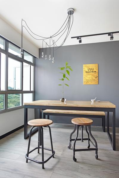 Ghim Moh Link, Free Space Intent, Scandinavian, Dining Room, HDB, Parquet Flooring, Wooden Flooring, Wooden Table, Stools, Hanging Light, Exposed Lightbulb, Window, Dining Table, Furniture, Table, Indoors, Interior Design, Room, Bar Stool