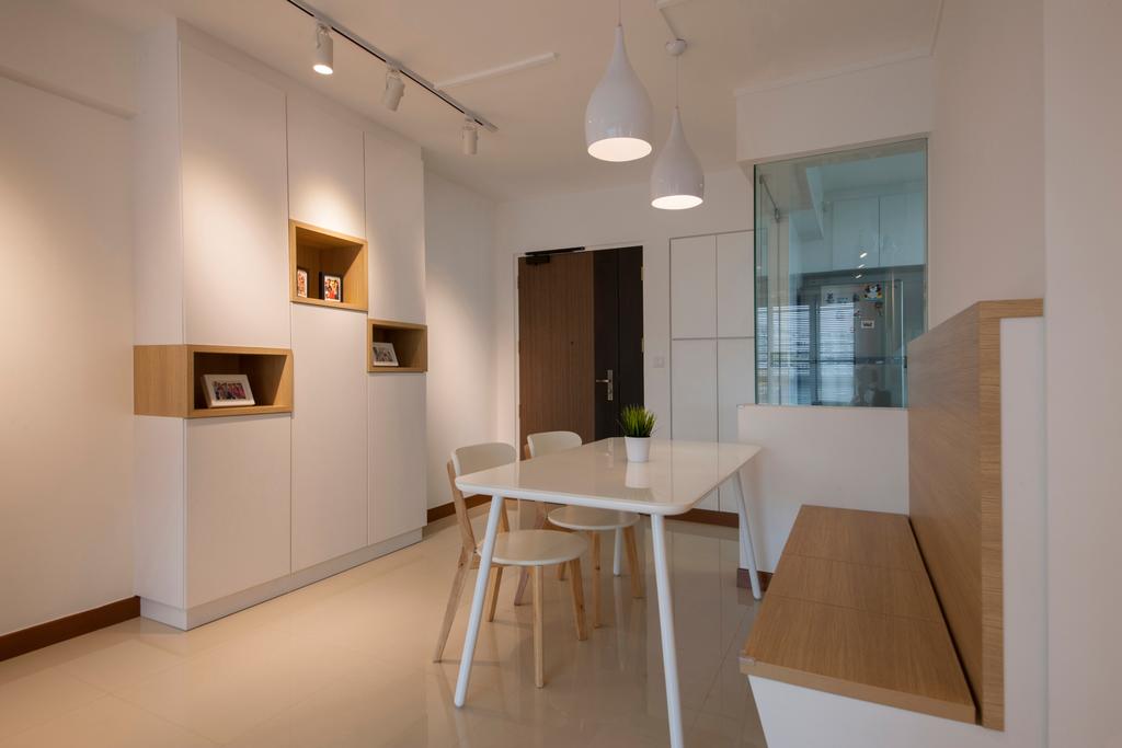 Minimalist, HDB, Dining Room, Punggol Drive (Block 676C), Interior Designer, Posh Home, Modern, White And Woody, White And Wood, Settee, Wall Settee, Storage Settee, Concealed Storage, Streamlined Design, Indoors, Interior Design, Room, Plywood, Wood, Dining Table, Furniture, Table