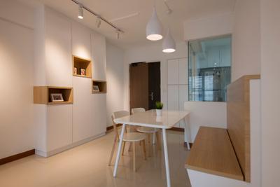 Punggol Drive (Block 676C), Posh Home, Minimalist, Modern, Dining Room, HDB, White And Woody, White And Wood, Settee, Wall Settee, Storage Settee, Concealed Storage, Streamlined Design, Indoors, Interior Design, Room, Plywood, Wood, Dining Table, Furniture, Table