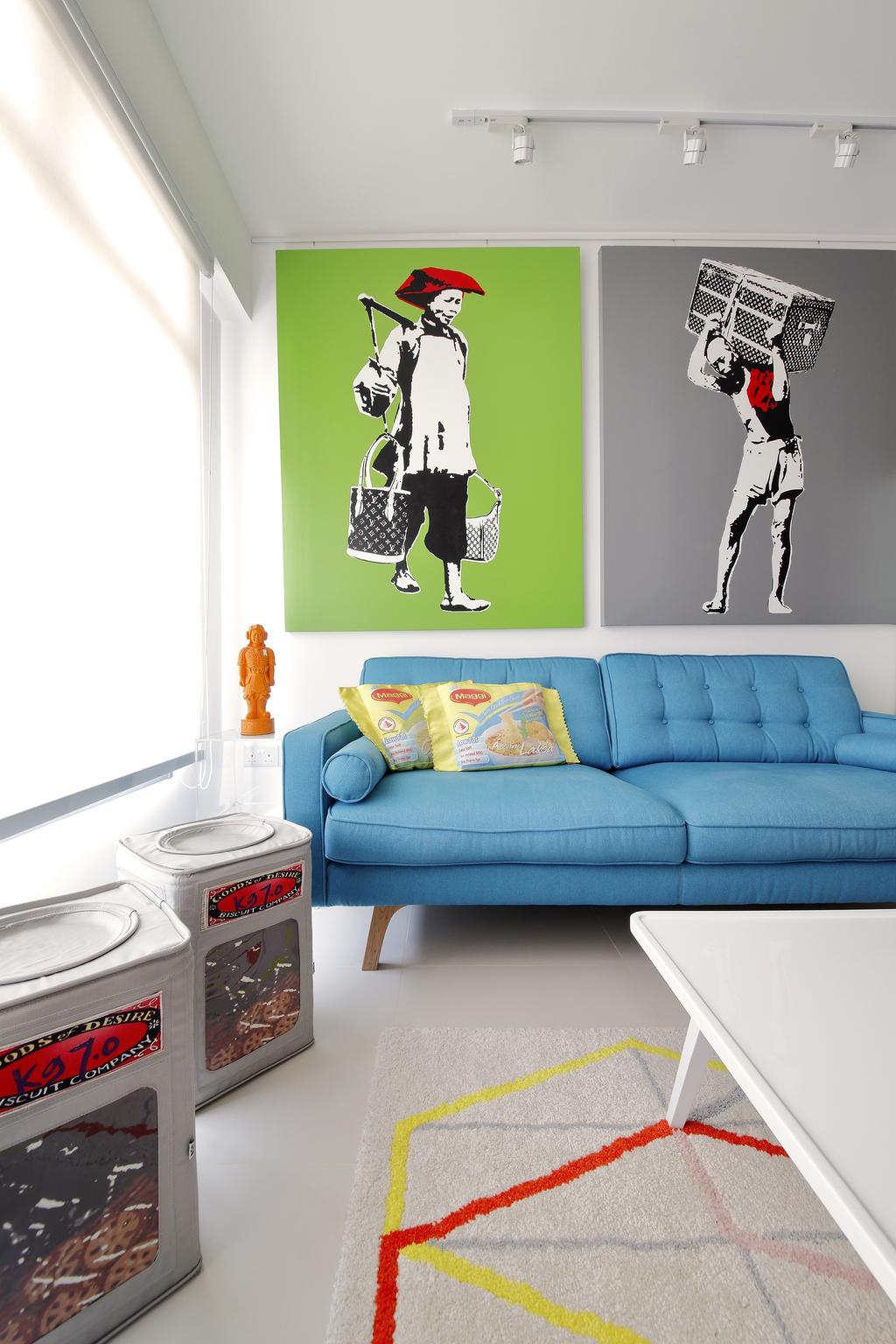 Retro, HDB, Living Room, Anchorvale Link, Interior Designer, Free Space Intent, Wall Art, Painting, Track Light, Lighting, White Track Light, Collage, Poster, Couch, Furniture, Dance, Dance Pose, Leisure Activities