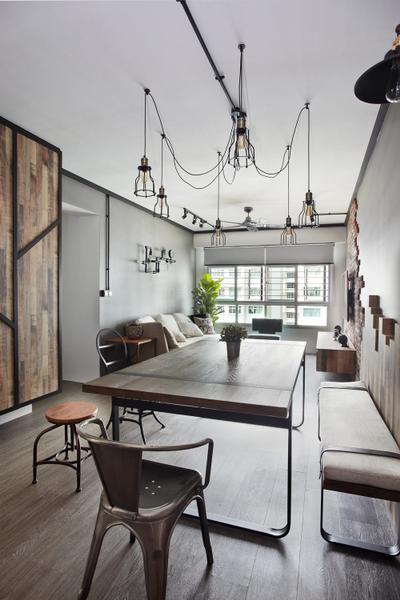 Punggol Walk, Free Space Intent, Industrial, Dining Room, HDB, Parquet Flooring, Wooden Flooring, Exposed Lightbulb, Hanging Light, Flora, Jar, Plant, Potted Plant, Pottery, Vase, Indoors, Interior Design, Room, Dining Table, Furniture, Table