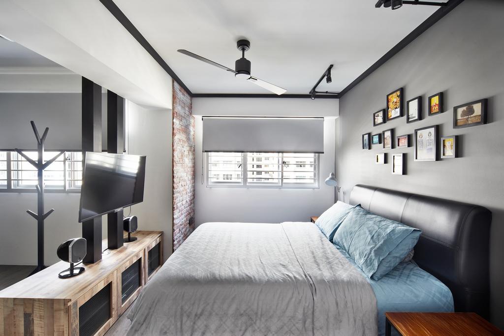 Industrial, HDB, Bedroom, Punggol Walk, Interior Designer, Free Space Intent, Frames, Wall Art, Tv Console, Wooden Console, High Headboard, Dining Table, Furniture, Table, Building, Housing, Indoors, Loft, Interior Design, Room