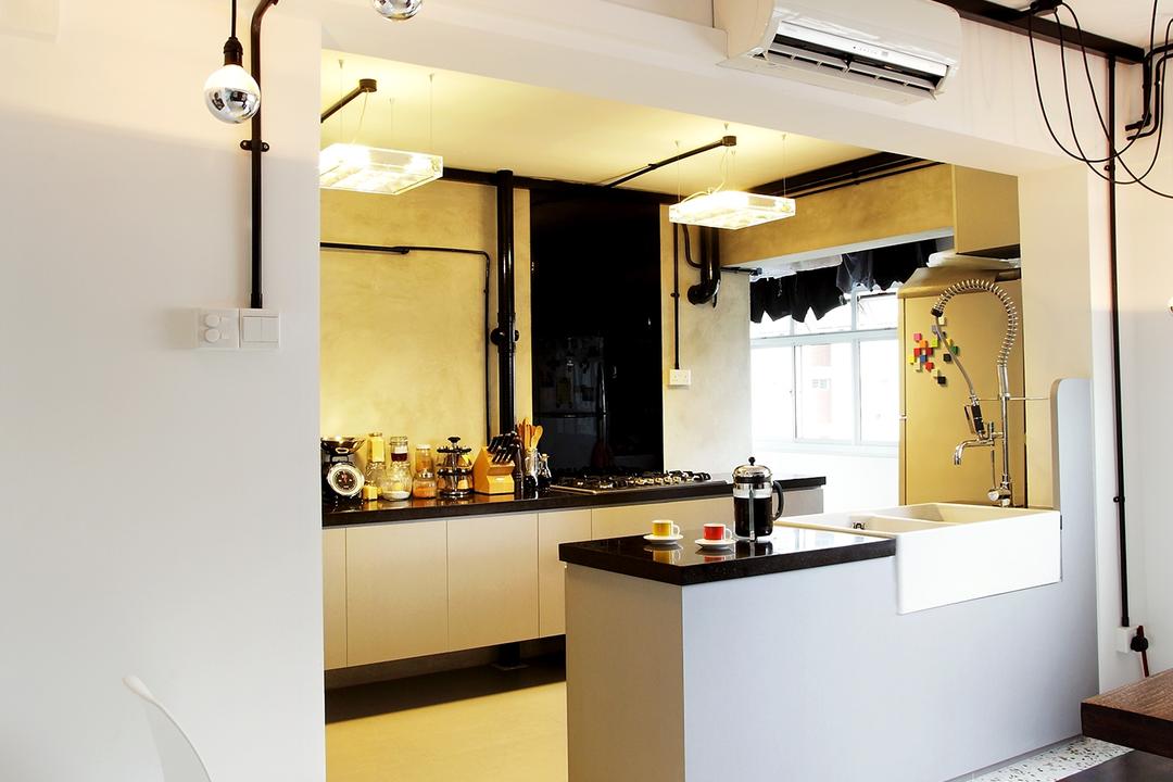 Ang Mo Kio, Free Space Intent, Eclectic, Kitchen, HDB, Hanging Lights, Drop Light, Exposed Bulb, White Wall, Spotted Floor, Building, Housing, Indoors, Loft