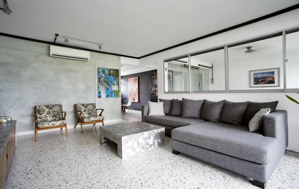 Eclectic, HDB, Living Room, Ang Mo Kio, Interior Designer, Free Space Intent, Grey Sofa, Brown Coffee Table, Spotted Floor, Couch, Furniture, Building, Housing, Indoors, Cushion, Home Decor
