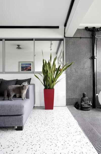 Ang Mo Kio, Free Space Intent, , Living Room, , White Ceiling, Grey Sofa, Spotted Floor, Art, Buddha, Worship, Flora, Jar, Plant, Potted Plant, Pottery, Vase, Abyssinian, Animal, Cat, Mammal, Pet