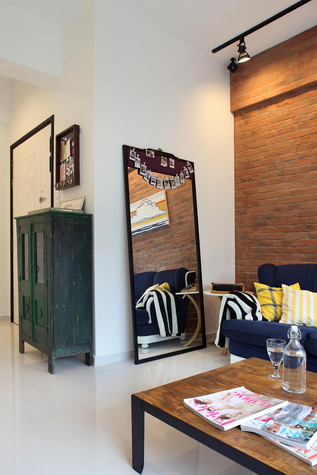 Industrial, Condo, Living Room, Tanjong Rhu, Interior Designer, Versaform, Vintage, Green Cabinet, White Kitchen Cabinets, Full Length Mirror, Wood, Vintage Cabinet, Red Brick Wall, Brown Coffee Table, Track Light, Couch, Furniture, Chair