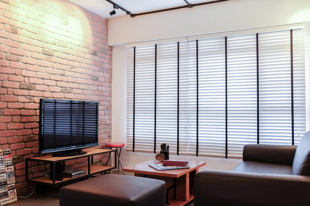 Tampines Avenue 8 (Block 868B), Nitty Gritty Interior, Scandinavian, Living Room, HDB, Modern Contemporary Living Room, Flatscreen Tv, Armseat, Television Console, Wooden Table, Roll Down Curtain, Brick Walls