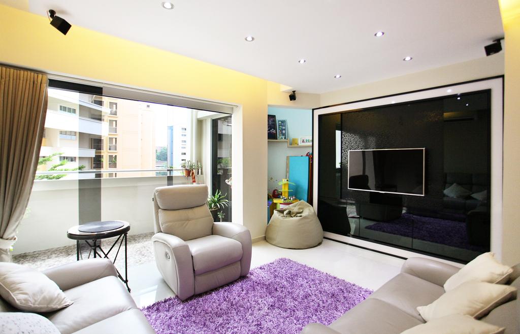 Contemporary, HDB, Living Room, Lorong Ah Soo (Block 144), Interior Designer, DreamVision Designer, Modern Contemporary Living Room, Purple Rug, Wall Mounted Television, Black Panel, Floating Television Console, Sling Curtain, Lounge Chair, Lounge Sofa