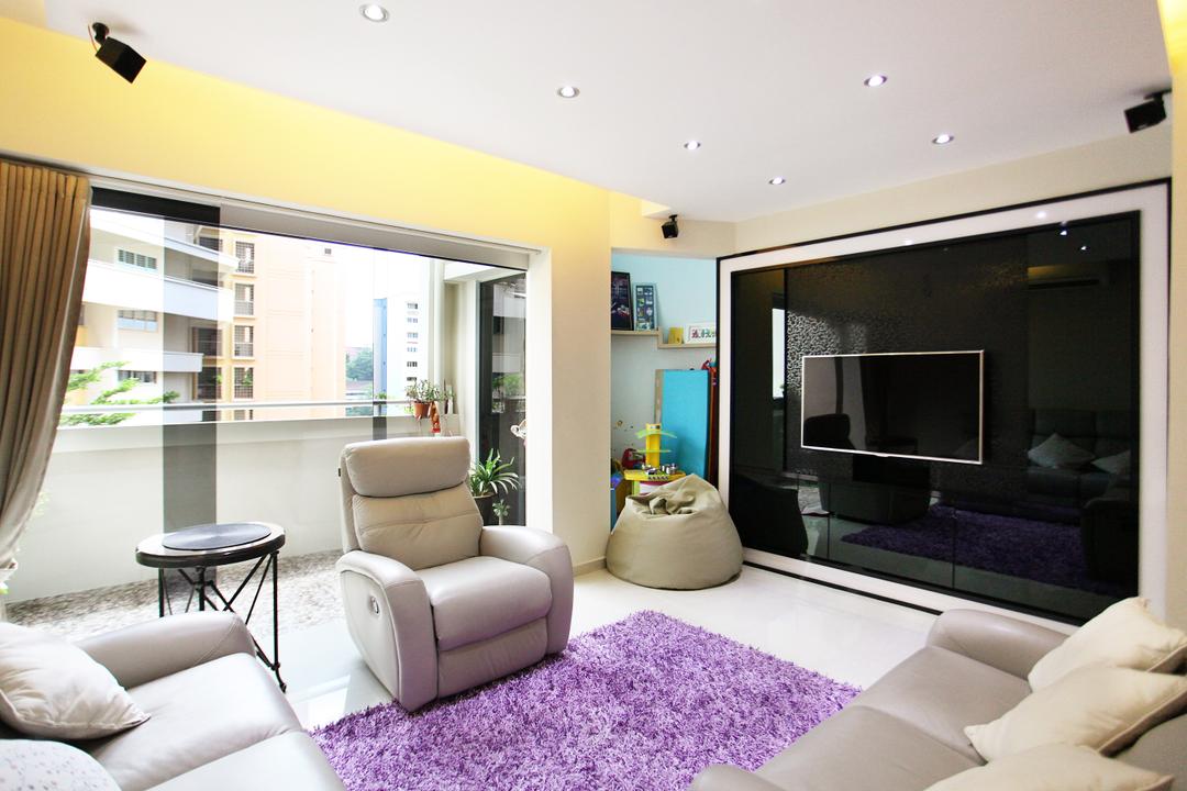 Lorong Ah Soo (Block 144), DreamVision Designer, Contemporary, Living Room, HDB, Modern Contemporary Living Room, Purple Rug, Wall Mounted Television, Black Panel, Floating Television Console, Sling Curtain, Lounge Chair, Lounge Sofa