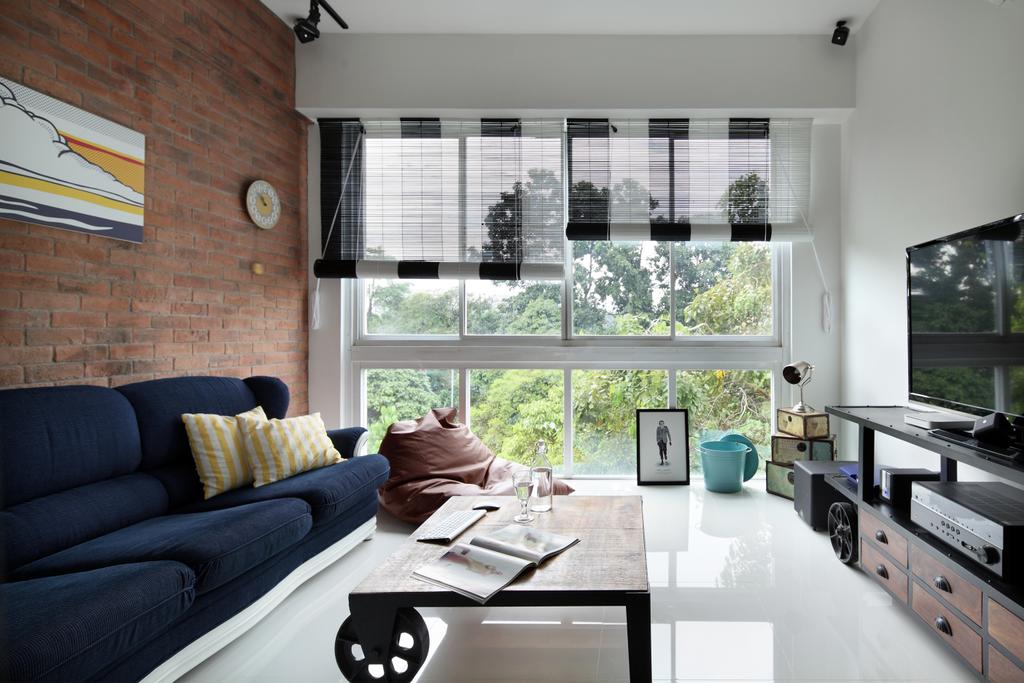 Industrial, Condo, Living Room, Tanjong Rhu, Interior Designer, Versaform, Tv Shelf, Dark Blue Sofa, Wall Art, Blinds, Tv Console, Monochrome Blinds, Red Brick Wall, Brown Coffee Table, White Floor, Wood Laminate, Human, People, Person, Couch, Furniture