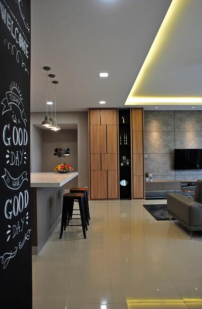 Casa Green - Cheras, Spazio Design Sdn Bhd, Modern, Minimalist, Dining Room, Condo, Couch, Furniture, Bar Stool, Blackboard, Indoors, Interior Design, Room