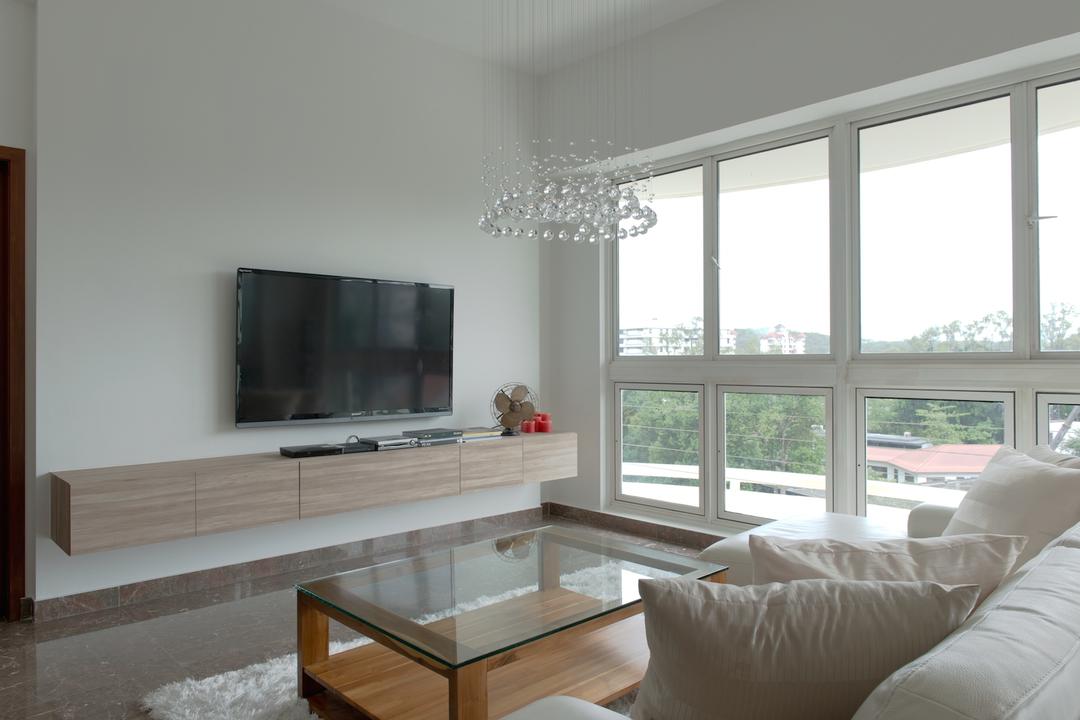 Holland Hill, Dyel Design, Contemporary, Living Room, Condo, Wooden Console, Wooden Laminate, Chandelier, Crystal Light, Glass Table Top, Brown Coffee Table, Rug, Window, HDB, Building, Housing, Indoors