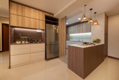 Tree Trail @ Woodlands, Starry Homestead, Modern, Dining Room, HDB, Wooden Kitchen Counter, White Laminate, Hanging Lights, Wall Mounted Cabinet, Indoors, Interior Design, Kitchen, Room