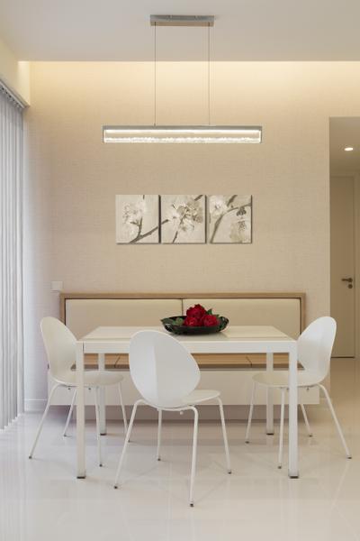 Sky Habitat, Yonder, Modern, Minimalist, Dining Room, Condo, White Laminated Dining Table, White Dining Chair, Hidden Interior Lights, Chair, Furniture, Indoors, Interior Design, Room, Dining Table, Table