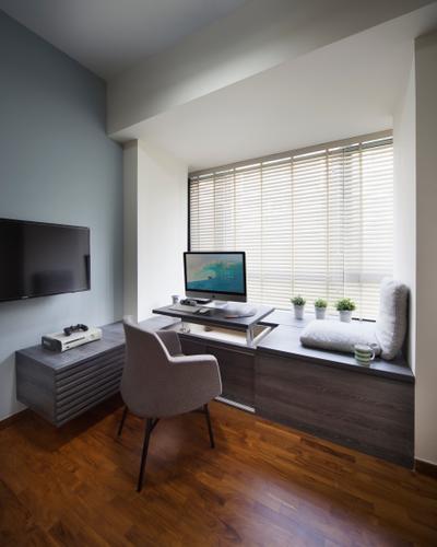 The Palette, Yonder, Modern, Study, Condo, Wooden Floor, Roll Up Down Curtain, Wall Mounted Television, Tiffany Blue Wall, Wooden Desk, Modern Contemporary Study Room, Chair, Furniture, Computer, Electronics, Pc, Indoors, Interior Design