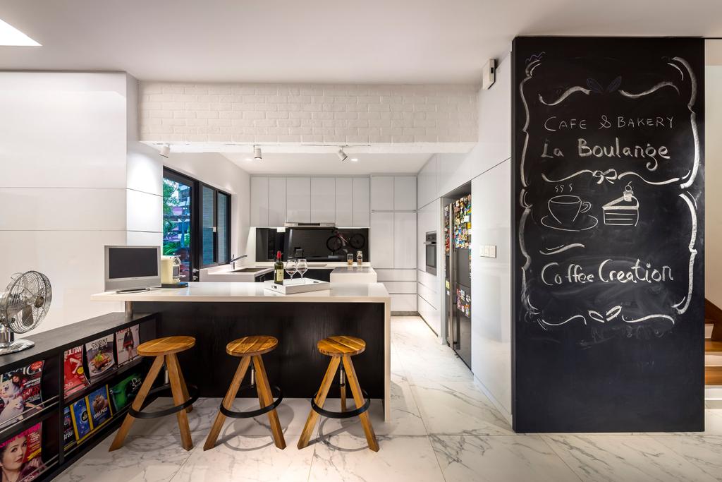 Eclectic, Condo, Kitchen, Eastern Lagoon, Interior Designer, akiHAUS, Cafe Style, Cafe, Counter, Island, Chalkboard, Bar Stool, Furniture, Blackboard, Chair, Dining Table, Table