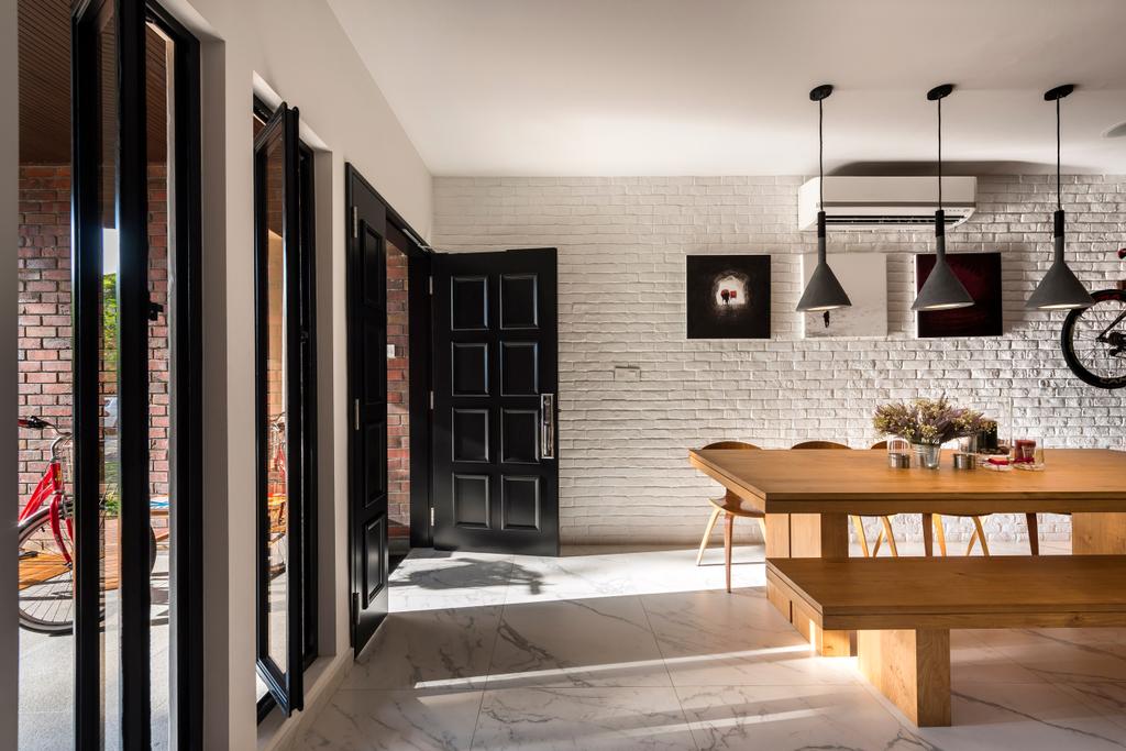 Eclectic, Condo, Dining Room, Eastern Lagoon, Interior Designer, akiHAUS, Entrance, Brick Wall, Pendant Lighting, Wooden Table And Chairs, Wooden Table And Chair Set, Wooden Furniture, Dining Table, Furniture, Table, Corridor