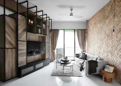 D'Leedon, Dan's Workshop, Industrial, Living Room, Condo, Expansive, Bright And Airy, Vertical Storage, Full Length Cabinet, Herringbone, Tv Feature Wall, Chevron Wall, Area Rug, Brown Coffee Table, Side Table, Decor, Display, Rustic, Feature Wall, Indoors, Interior Design, Fireplace, Hearth, Room