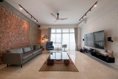28 Parbury Avenue, Prozfile Design, Eclectic, Living Room, Condo, Widescreen Tv, Wall Mount, Black Track Lights, Haiku, Mini Ceiling Fan, Area Rug, Recycled Wood, Big, Spacious, Airy, Red Brick Wall, Floating Console, Wall Suspended Console, Red Brick, White Brick, Speakers, Wall Speaker, Couch, Furniture, HDB, Building, Housing, Indoors, Loft, Room
