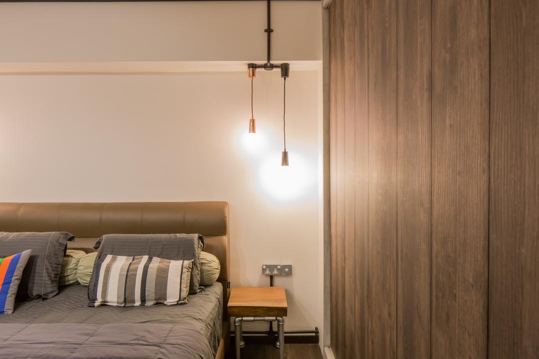 Jelapang Road, Edge Interior, Industrial, Bedroom, HDB, Hanging Light, Wooden Light, Bedside Table