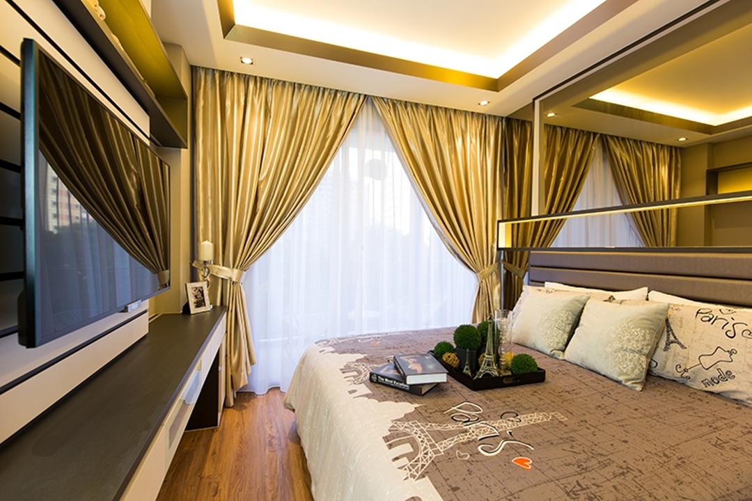 Prive, Thom Signature Design, Modern, Bedroom, Condo, Parquet, Gold Curtain, Concealed Lighting, Cove Light